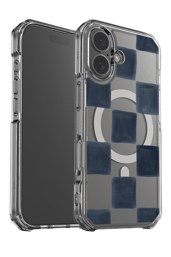 Bold painted check clear impact MagSafe phone case angle detail with hand painted dark blue and transparent squares