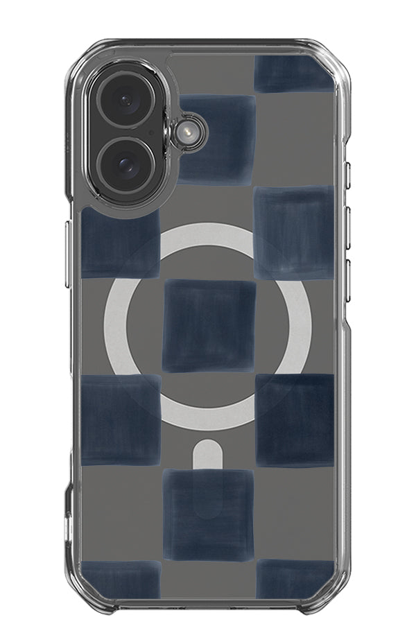 Bold painted check clear impact MagSafe phone case with hand painted dark blue and transparent squares