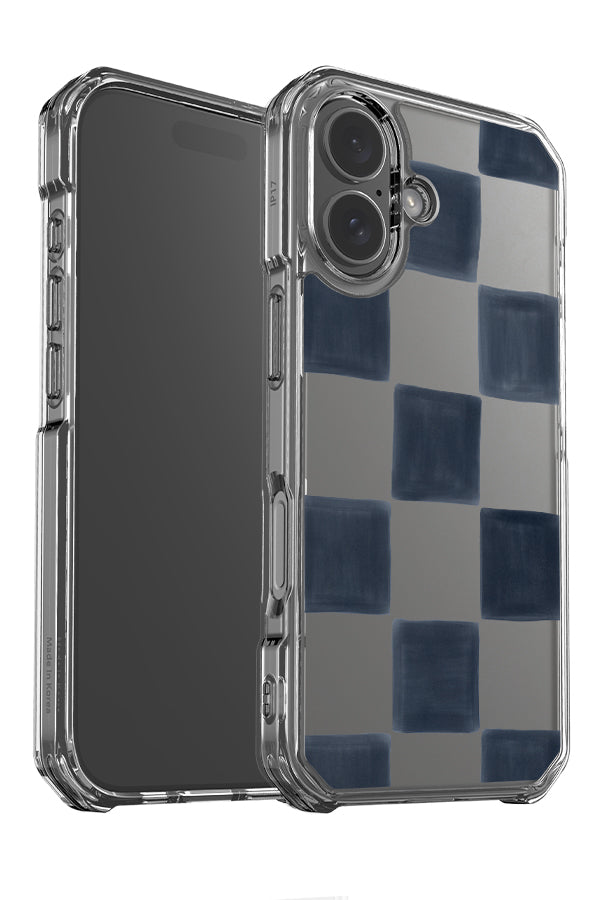 Bold painted check clear impact phone case angle detail with hand painted dark blue and transparent squares