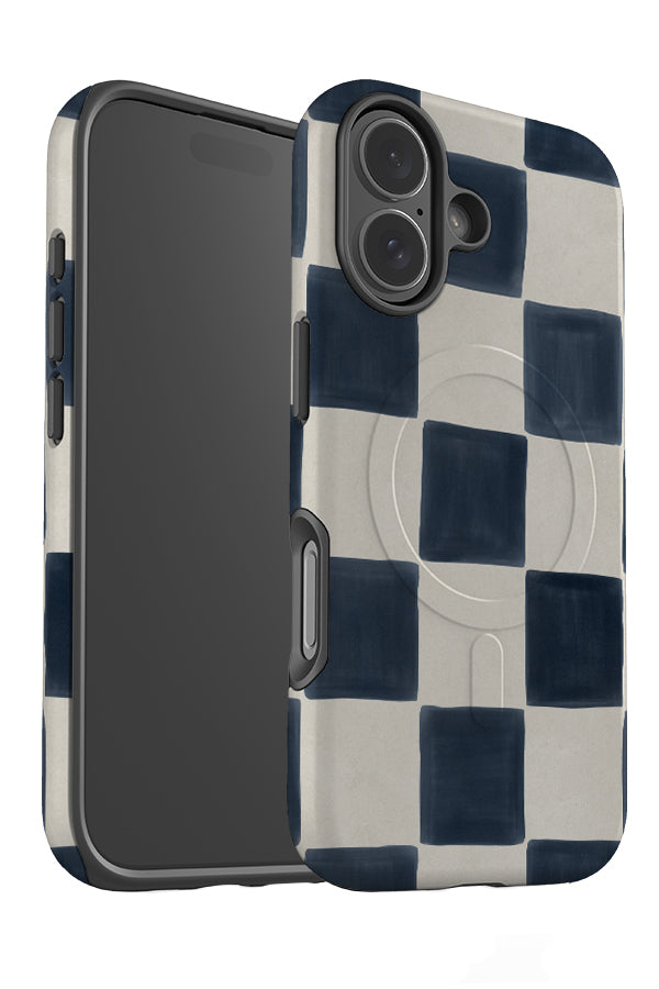 bold painted check MagSafe phone case angle with hand painted checks in dark blue and white