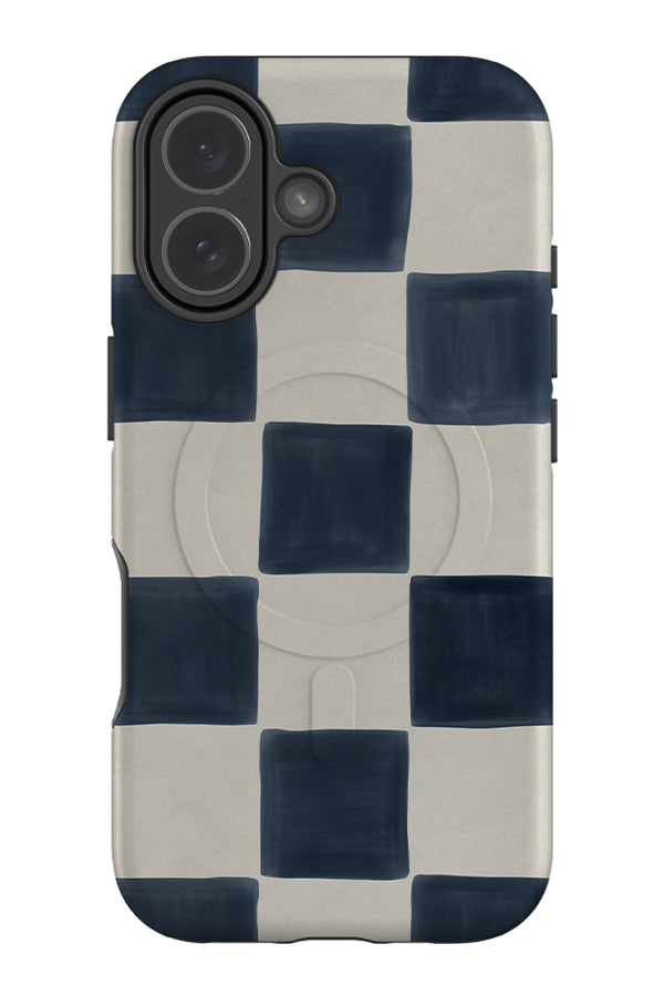 bold painted check MagSafe phone case with hand painted checks in dark blue and white
