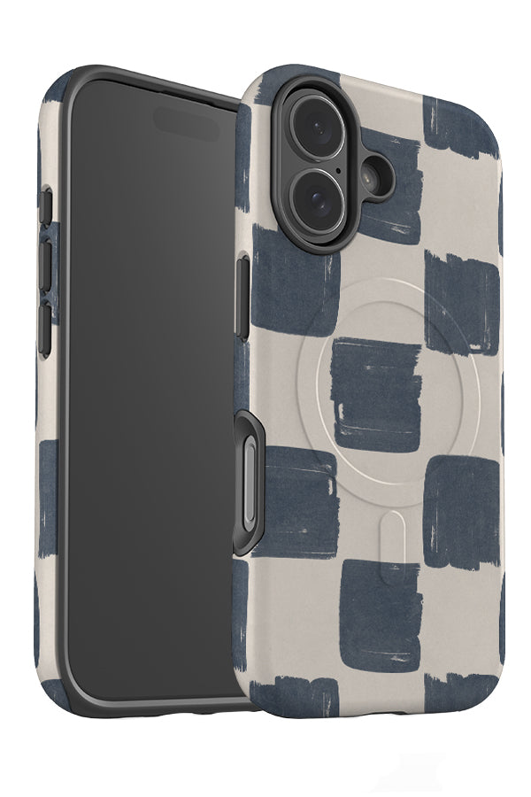 bold painterly check MagSafe phone case angle detail with a textured brush stroke checkered pattern in blue and beige