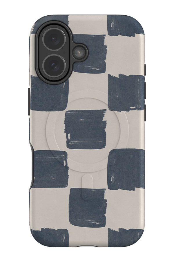 bold painterly check MagSafe phone case with a textured brush stroke checkered pattern in blue and beige