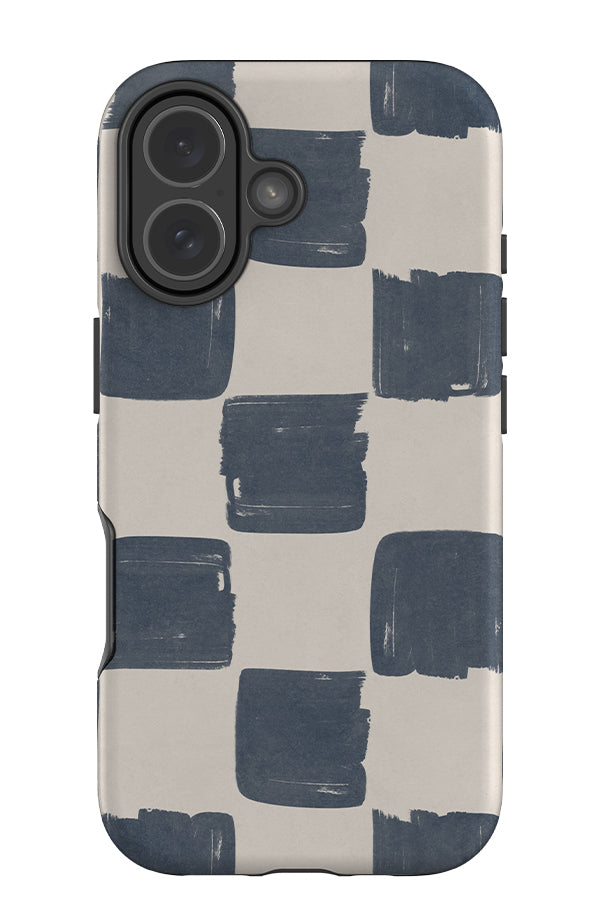 bold painterly check tough phone case with a textured brush stroke checkered pattern in blue and beige