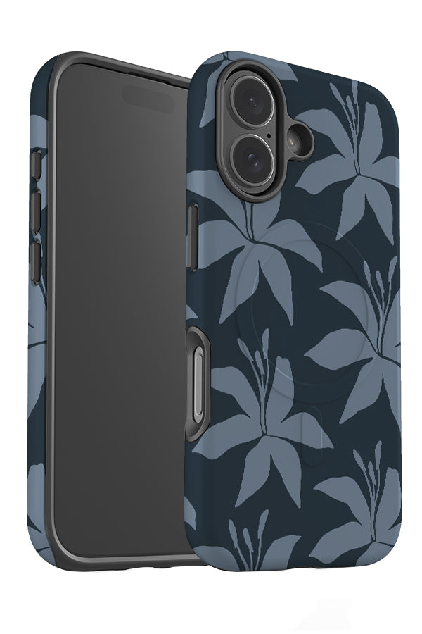 Bold petal lily MagSafe phone case angle detail with blue lily illustrations on a dark blue background