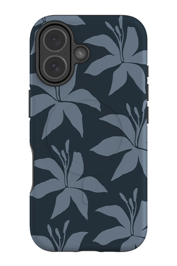 Bold petal lily MagSafe phone case with blue lily illustrations on a dark blue background