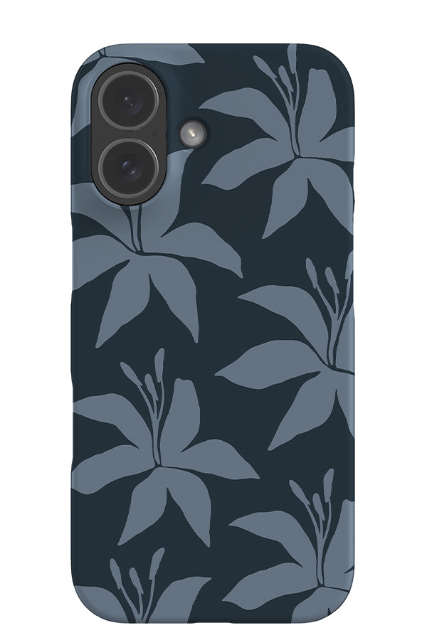 Bold petal lily snap phone case with blue lily illustrations on a dark blue background