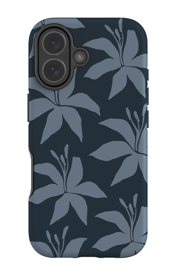 Bold petal lily tough phone case with blue lily illustrations on a dark blue background