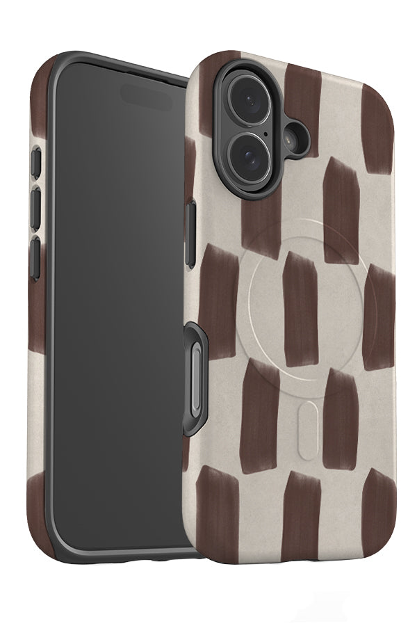 bold sketch mark check MagSafe phone case angle detail with a textured beige base colour and brown brush strokes in a check pattern