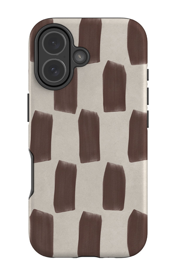 bold sketch mark check tough phone case with a textured beige base colour and brown brush strokes in a check pattern