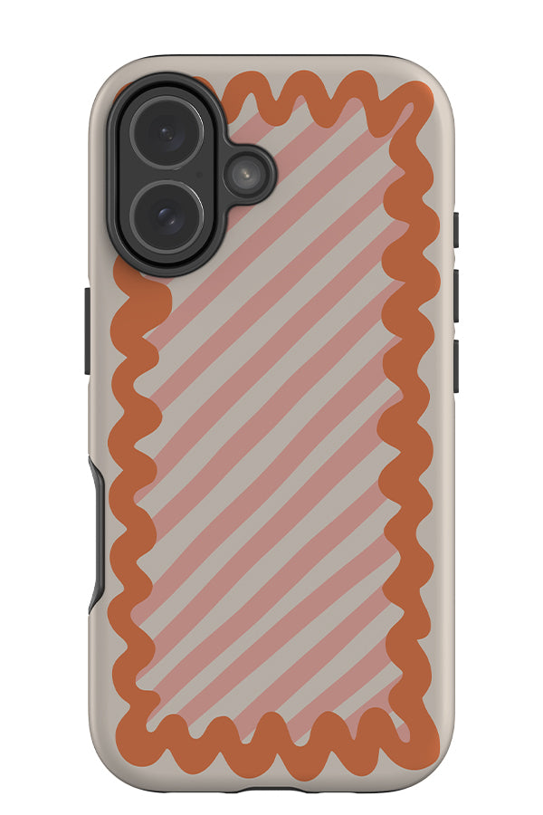 Border line tough phone case with an orange swirl border and pink diagonal stripes