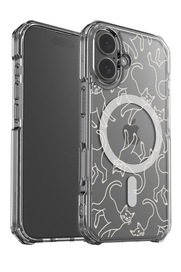 Cat line art clear impact MagSafe phone case angle detail with cute line art cats in beige