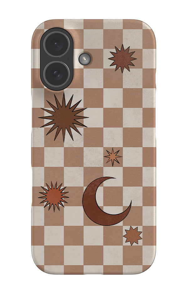 celestial check snap phone case with a beige and white checkered pattern and brown moons and stars on top
