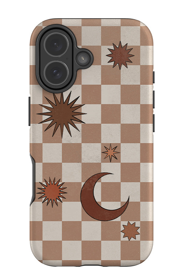 celestial check tough phone case with a beige and white checkered pattern and brown moons and stars on top