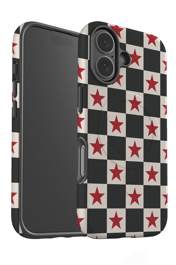 Check star MagSafe phone case angle detail with a black and white check and red stars