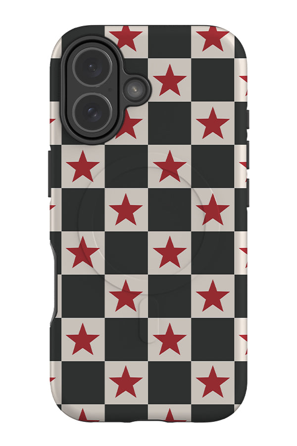 Check star MagSafe phone case with a black and white check and red stars
