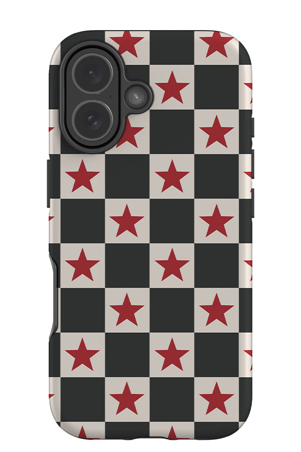 Check star tough phone case with a black and white check and red stars