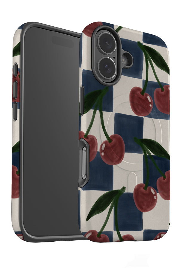 cherry painted check MagSafe phone case angle detail with a blue and beige check pattern with hand painted cherry illustrations on top