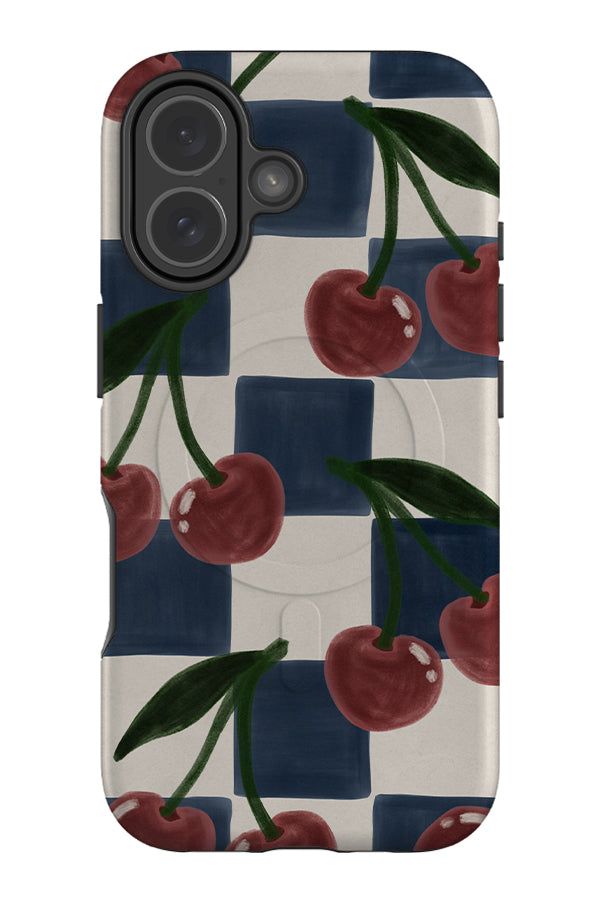 cherry painted check MagSafe phone case with a blue and beige check pattern with hand painted cherry illustrations on top
