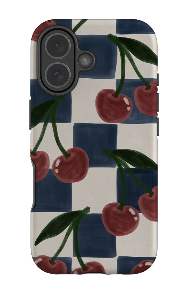 cherry painted check tough phone case with a blue and beige check pattern with hand painted cherry illustrations on top