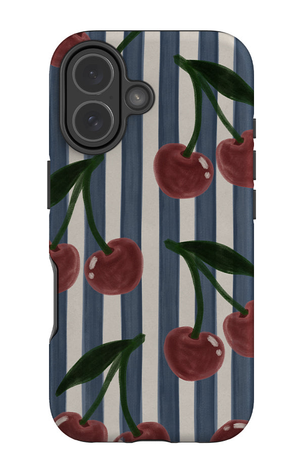 Cherry painted stripe tough phone case with a blue and white stripe background and hand painted cherries 