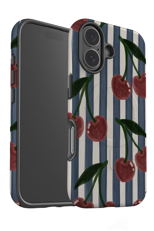 Cherry painted stripe MagSafe phone case angle detail with a blue and white stripe background and hand painted cherries 
