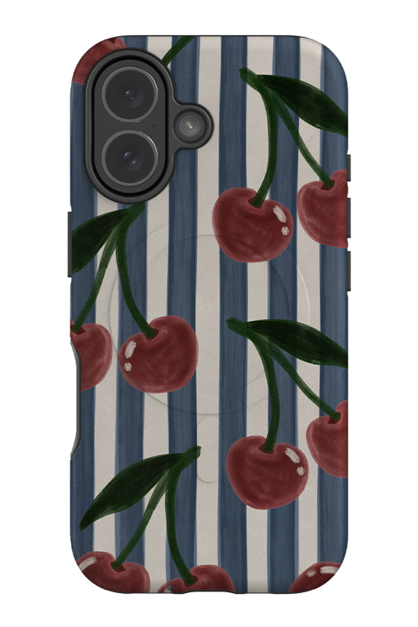 Cherry painted stripe MagSafe phone case with a blue and white stripe background and hand painted cherries 