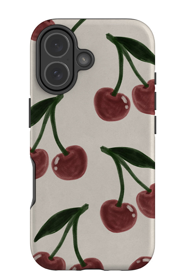 Cherry Toss tough phone case with a beige background and hand drawn cherries on top