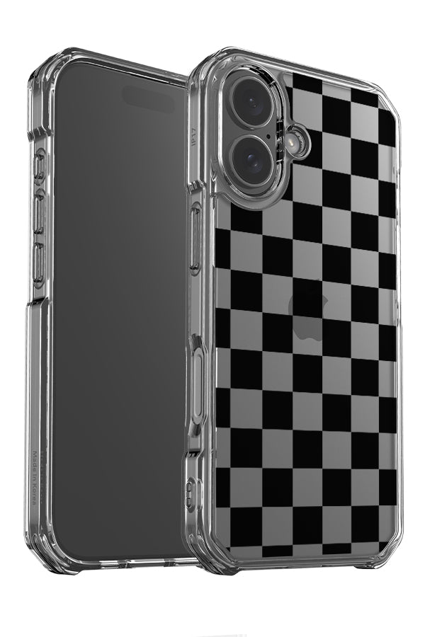 classic check clear impact phone case angle detail with black and transparent squares
