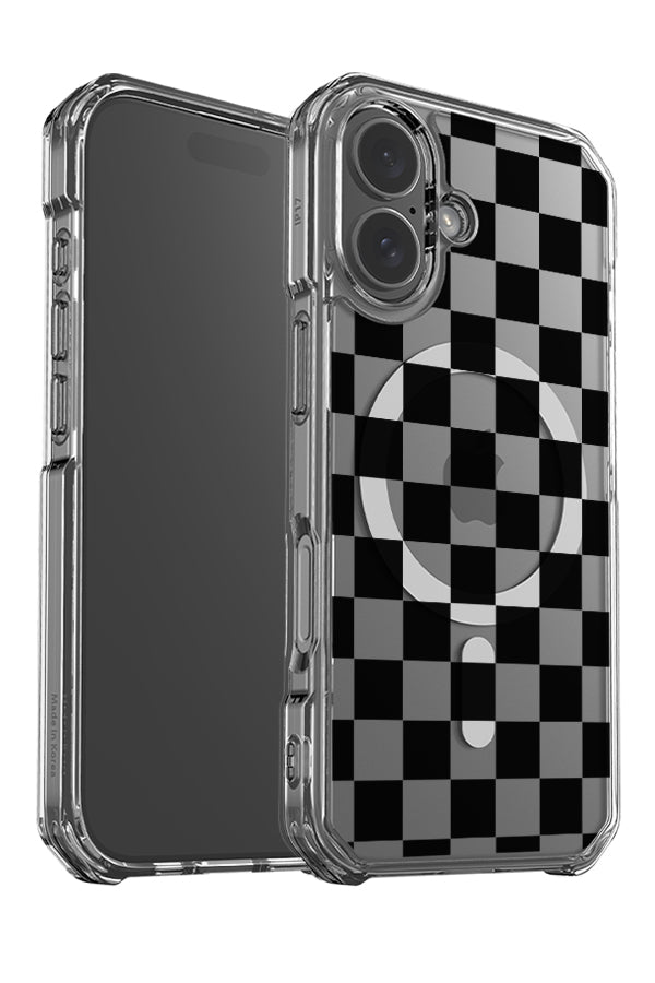 classic check clear impact MagSafe phone case angle detail with black and transparent squares