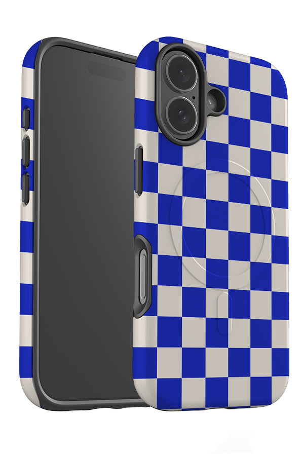 Classic Check MagSafe phone case angle detail with a modern checkered pattern in blue and white