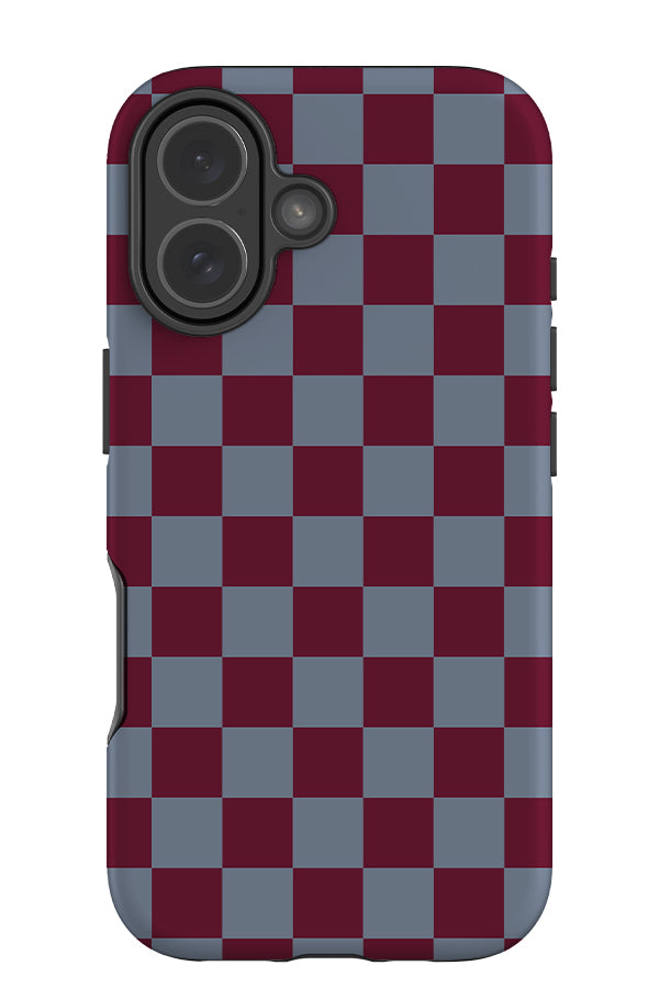 Classic check tough phone case with a modern checkered battern in burgundy red and blue