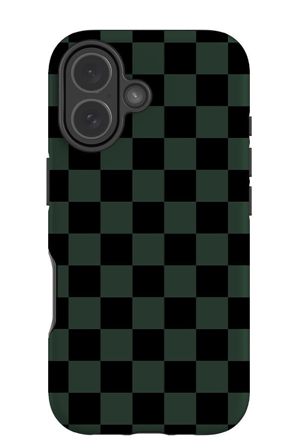 Classic check tough phone case with a modern checkered battern in dark green and black