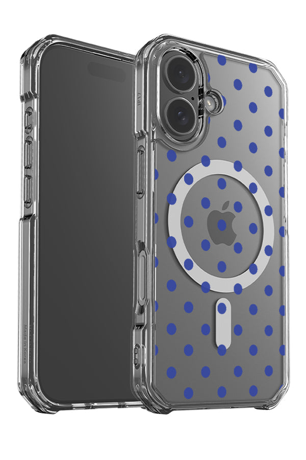 Classic dots clear impact MagSafe phone case angle detail with bright blue dots on a transparent background