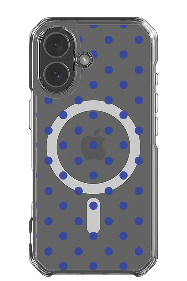 Classic dots clear impact MagSafe phone case with bright blue dots on a transparent background