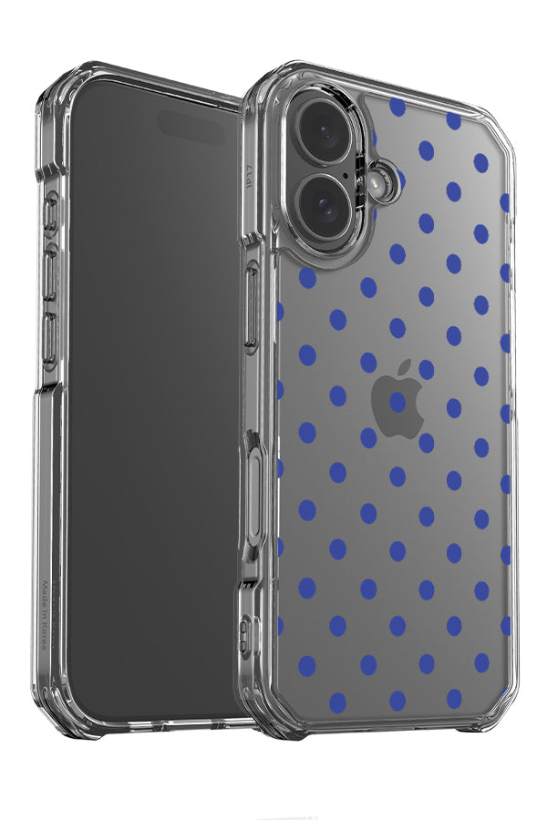 Classic dots clear impact phone case angle detail with bright blue dots on a transparent background