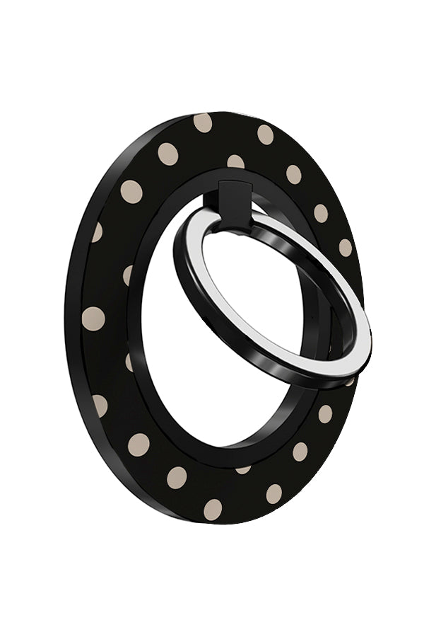 Classic dots magnetic phone ring holder angle detail with beige uniform dots on black