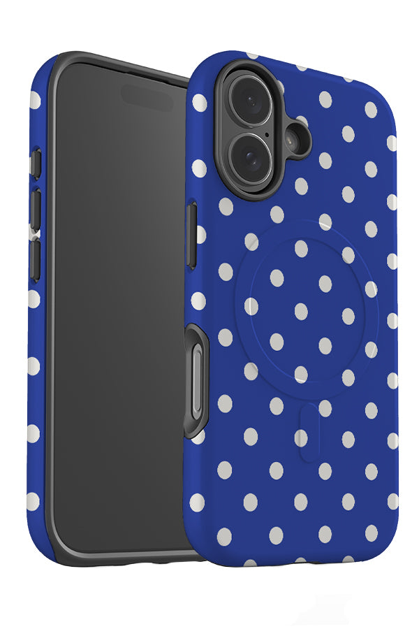 classic dots MagSafe phone case angle detail with a blue background and white uniform neat dots