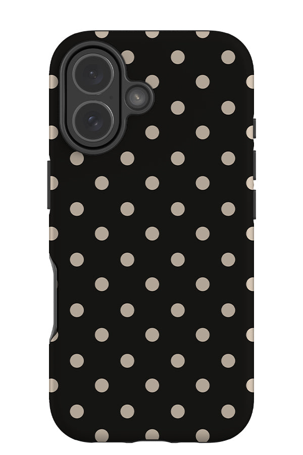 classic dots tough phone case with a black background and beige uniform dots