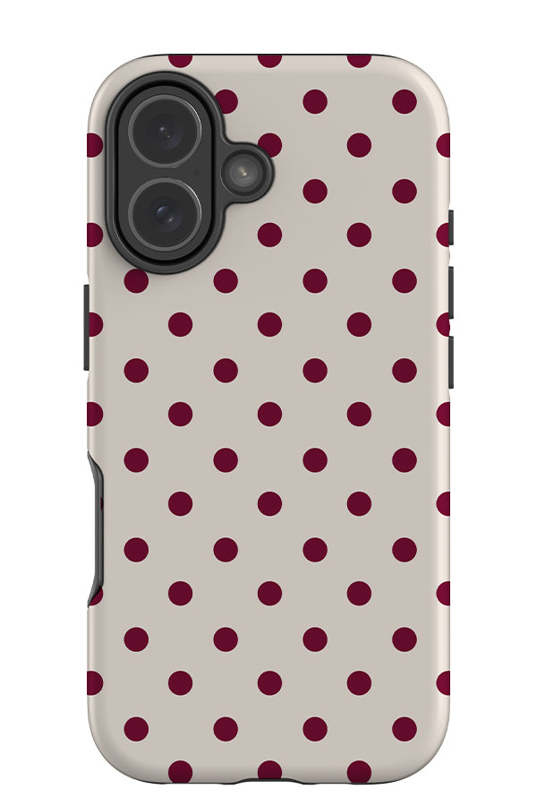 classic dots tough phone case with a beige background and burgundy uniform dots