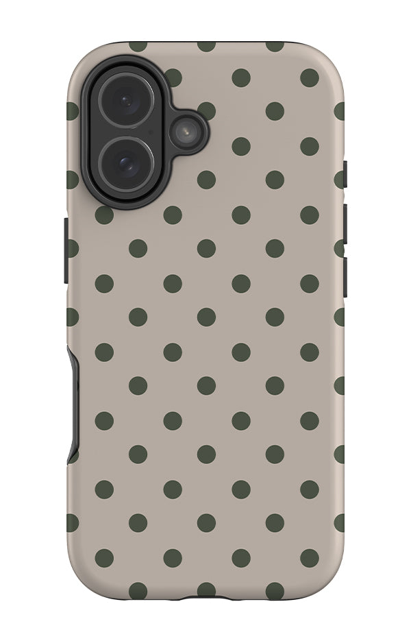 classic dots tough phone case with a beige background with green uniform dots
