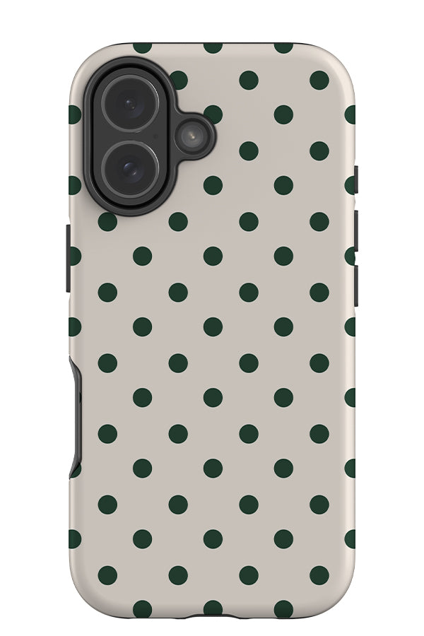 classic dots tough phone case with a white background and uniform neat dark green dots