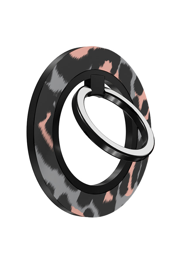classic leopard magnetic phone ring holder angle with a leopard animal fur print in grey and pink