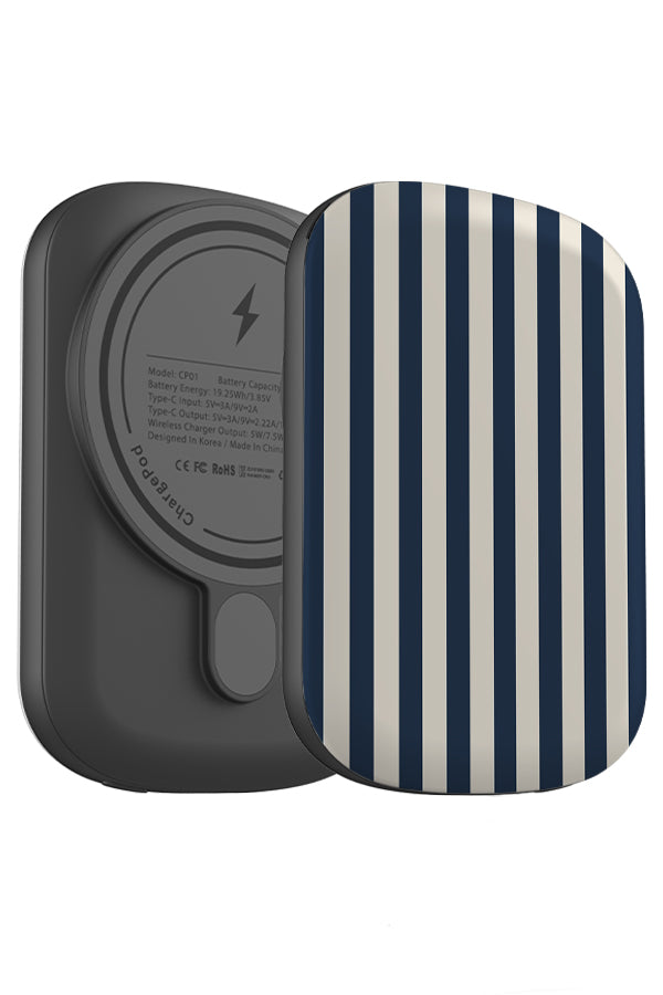 classic stripes MagSafe ChargePod power bank angle view with dark blue and beige uniform vertical stripes