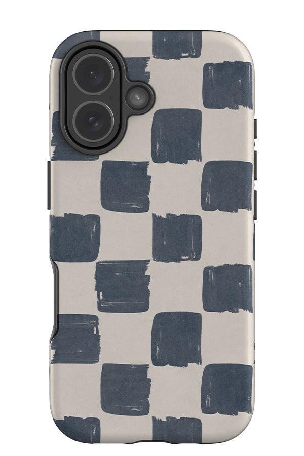 Classic painterly check tough phone case with a textured brush stroke checkered pattern in blue and beige