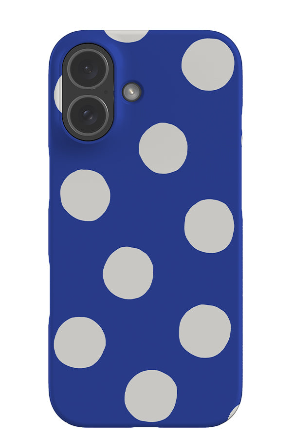 Clay dots snap phone case with a blue base and white scatted hand drawn polka dots