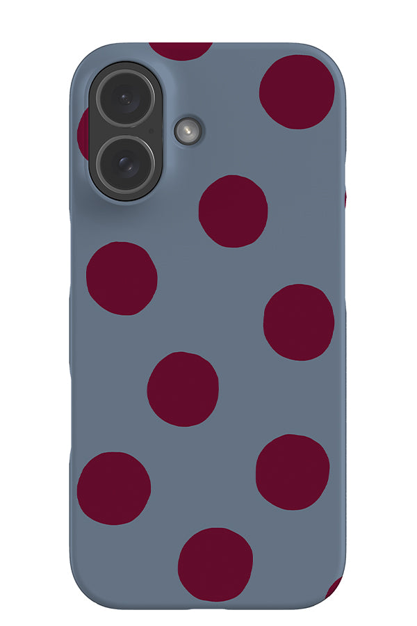 Clay dots snap phone case with a blue base and red scatted hand drawn polka dots