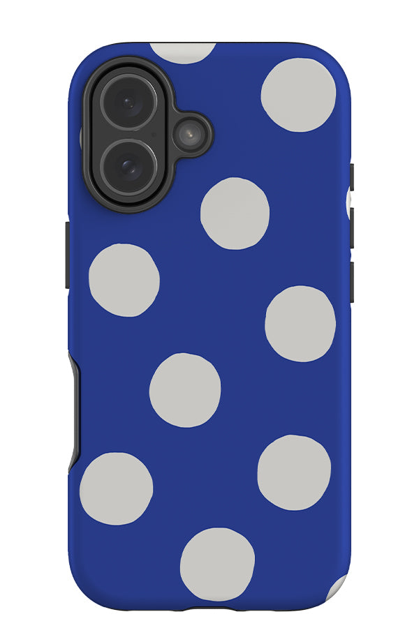 Clay dots tough phone case with a blue base and white scatted hand drawn polka dots