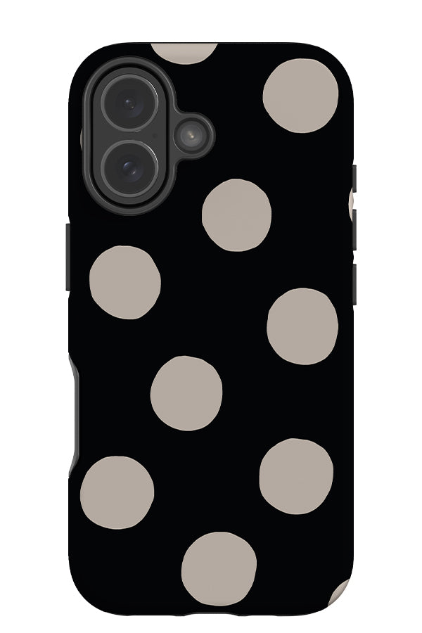 Clay dots tough phone case with a black base and cream scatted hand drawn polka dots