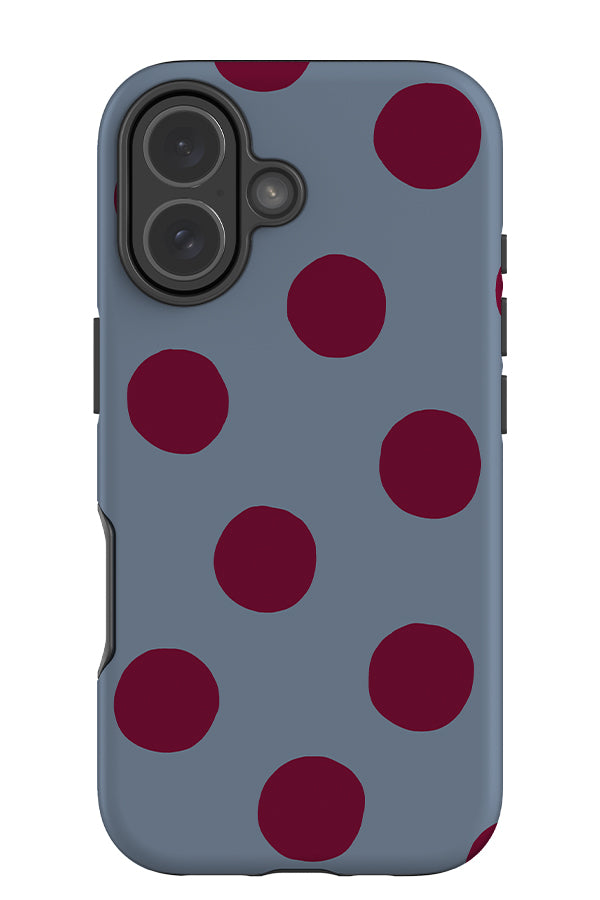 Clay dots tough phone case with a blue base and red scatted hand drawn polka dots